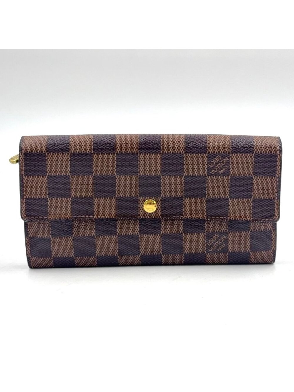 Louis Vuitton Portefeuille Sarah Damier Ebene Leather Brown Bifold Wallet Gold